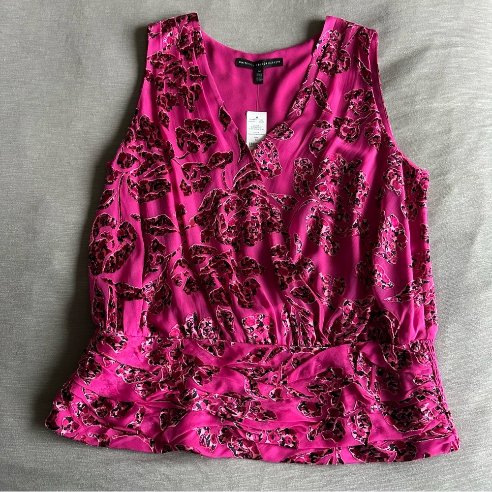 NEW White House Black Market Poppy Stamped Pink Kiss Sleeveless Burnout Blouse
